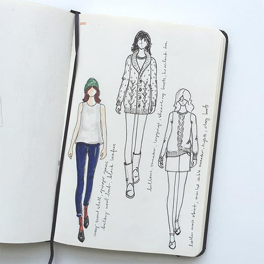 Sketchbook page with three fashion illustrations for Winter 15 wardrobe planning showing casual, cardigan, and mini skirt outfits