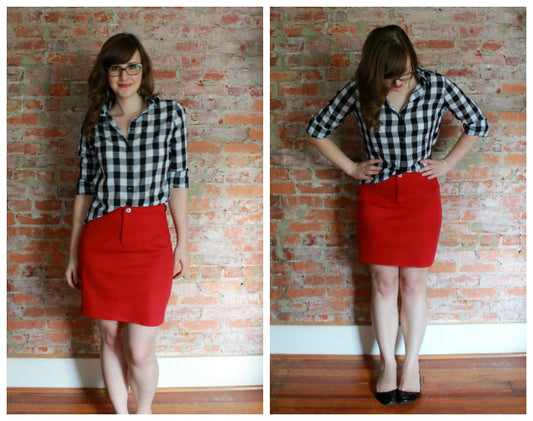 Two views of an Archer Button-Up in black and white gingham paired with a red Moss Skirt, against an exposed brick wall