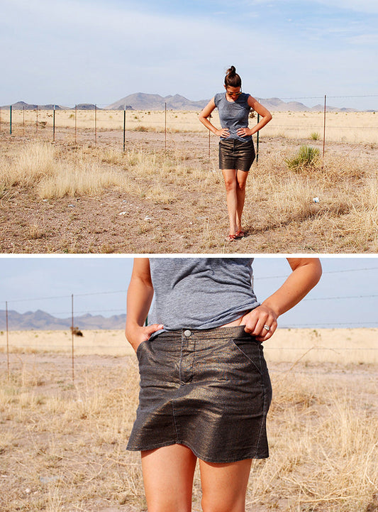 Two views of a Moss Skirt in gold metallic fabric with a gray tee, full length in a desert landscape and a waistband close-up