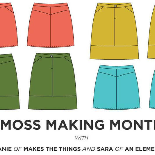 Moss Skirt flat illustrations in coral, olive, mustard, and turquoise showing front and back views for Moss Making Month