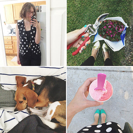 Four-panel collage: Willow Tank mirror selfie, garden shears over flowers, a beagle on striped bedding, and pink ice cream
