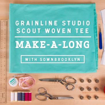 Grainline Studio Scout Woven Tee Make-a-Long banner with turquoise fabric, scissors, thread, and buttons on a wood surface
