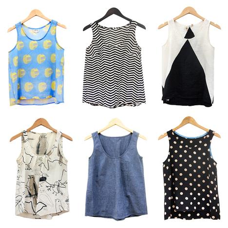 Six tank tops: blue circle print, black chevron, cream with triangle back, bird print, chambray, and black polka dot