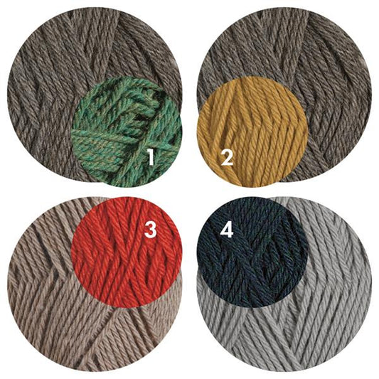 Four sock yarn color combinations: green and gray, gold and gray, red and taupe, and navy and light gray