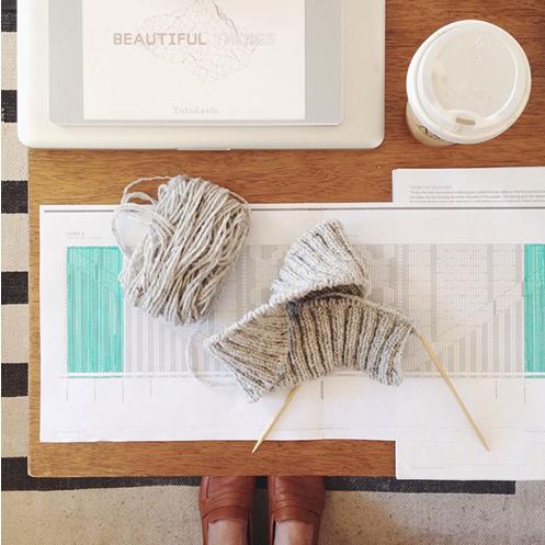 Overhead flat lay of gray yarn, knitting in progress on wooden needles, coffee cup, chart printout, and tablet on wood table