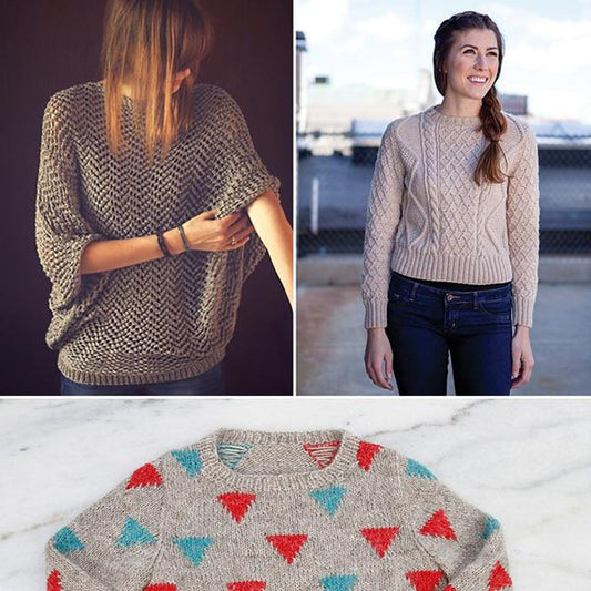 Three knit sweater inspiration photos: textured tan sweater, cream cable-knit with jeans, and a triangle intarsia pullover