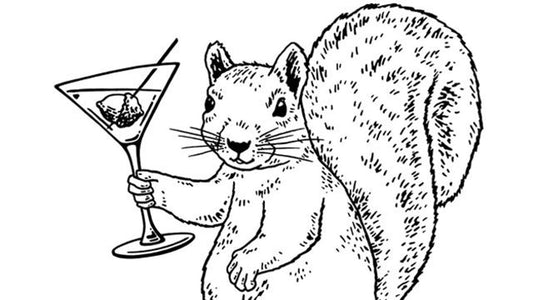Black and white illustration of a squirrel holding a martini glass with an olive