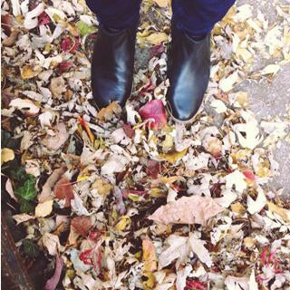 Person wearing black Chelsea boots standing in fallen autumn leaves in shades of brown, gold, and red