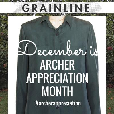 Grainline Studio banner announcing Archer Appreciation Month overlaid on a dark green Archer Button-Up on a dress form