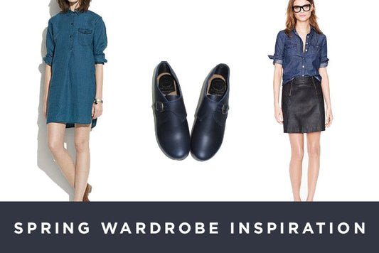 Spring wardrobe inspiration mood board: teal shirtdress, navy buckle loafers, and a denim shirt with black leather mini skirt