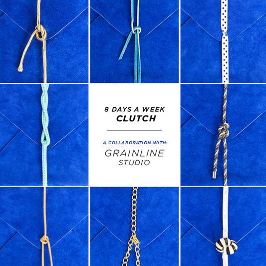 8 Days a Week Clutch collaboration with Grainline Studio: cobalt blue suede with various rope, cord, and chain handle options