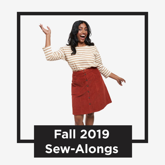 Fall 2019 Sew-Alongs graphic showing Hemlock Tee in tan striped knit tucked into rust corduroy Reed Skirt with button front