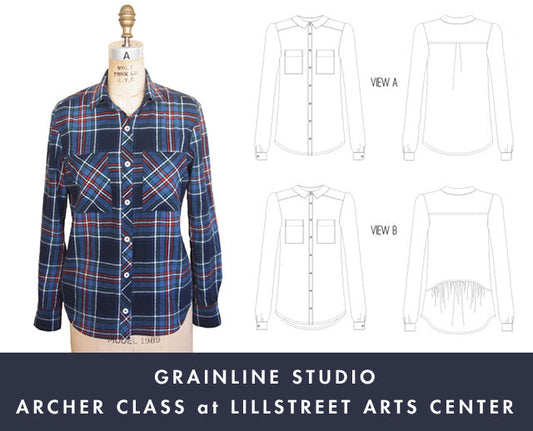 Grainline Studio Archer class at Lillstreet Arts Center featuring a navy plaid Archer Button-Up and pattern line drawings