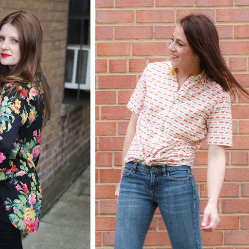 Two women wearing Archer Button Up Shirts: black floral print version and coral geometric print version with jeans
