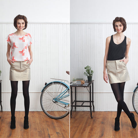 Moss Skirt in metallic linen with black tights and boots, styled two ways: coral geometric print tee and black tank top