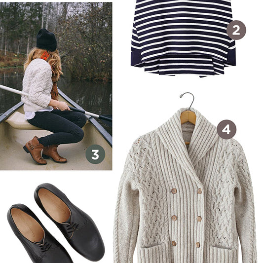 Winter wardrobe collage with navy striped top, cream cable knit cardigan, black oxford shoes, and woman rowing a canoe