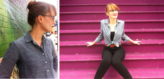 Two views of an Archer Button-Up in dotted chambray: profile against a mural wall, and tied at the waist on magenta stairs