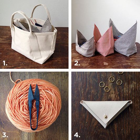 Four knitting storage projects: canvas tote, striped fabric bowls, orange yarn with thread snips, and a canvas snap pouch