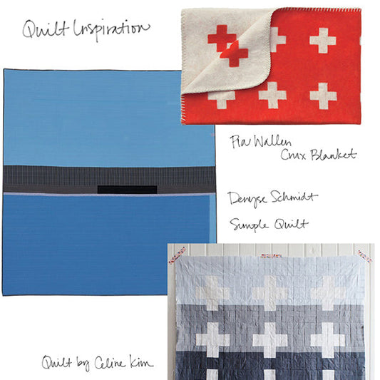 Quilt inspiration board: Fla Wallen red cross blanket, Denyse Schmidt blue color block quilt, and Celine Kim grey cross quilt