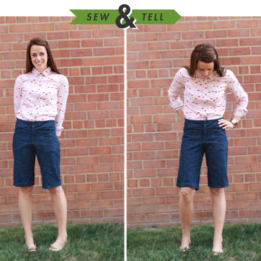 Sew & Tell: Maritime Shorts in dark denim styled with a pink floral long-sleeve shirt against brick wall, front and back views