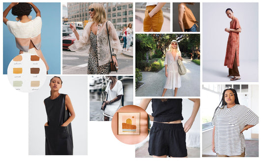 Grainline Studio summer style mood board with color swatches, street style photos, and mixed outfit inspiration