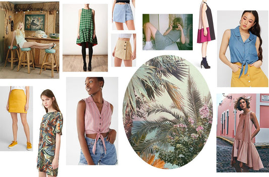 Collage of summer style inspiration featuring mixed prints, colorful skirts and dresses, and tropical accents