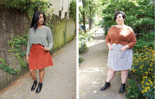 Two Reed Skirts with Hemlock Tee: rust corduroy skirt with striped tee, gray-white linen striped skirt with rust tee
