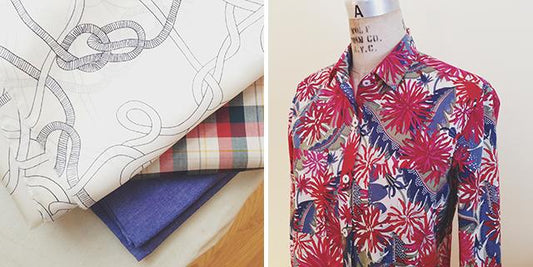 Rope-print, plaid, and navy chambray fabrics next to an Archer Button-Up in a red floral and animal print on a dress form