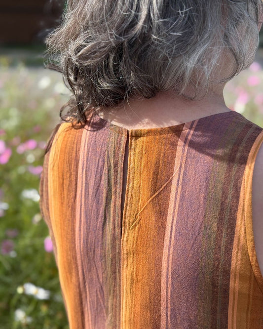 Austin Dress center front on fold variation in Kaffe Fassett stripe shot cotton, full length outdoor view