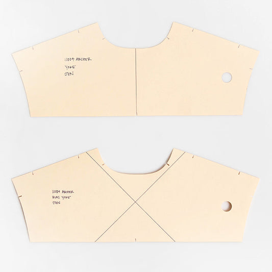 Archer Button-Up yoke pattern pieces showing bias-cut outer yoke and straight-grain inner yoke layouts with notch marks