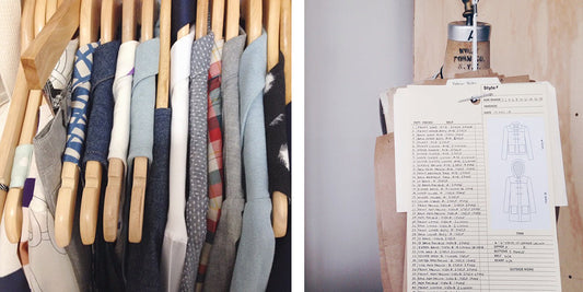 Fabric swatches in stripes, gingham, and solids on wooden hangers with pattern instructions and garment sketches on clipboard