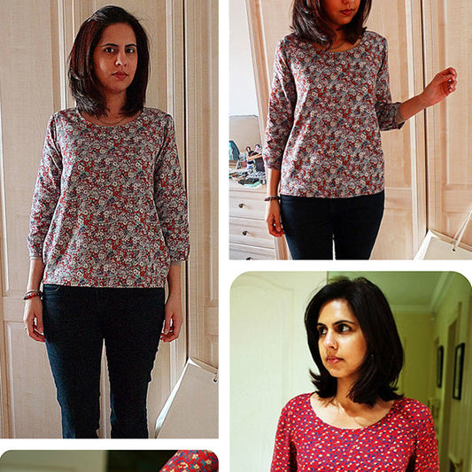 Three views of Scout Tee with 3/4 sleeves in red floral polyester and brushed cotton fabrics, paired with dark pants