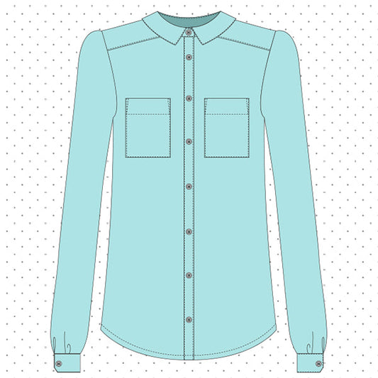 Flat sketch of Archer Button Up Shirt in light blue showing collar, button placket, chest pockets, and long sleeves with cuffs