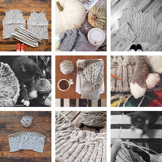 Collage of knitting progress showing cabled sweater pieces, yarn, wooden needles, coffee cup, and finished fabric details