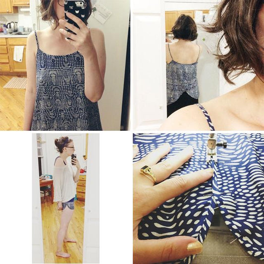 Four Lakeside Pajamas views: navy wave print camisole front and back, a cream tank with navy shorts, and a fabric close-up