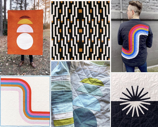 Six modern quilt designs with bold geometric shapes and a navy Tamarack Jacket with rainbow curved appliqué on back