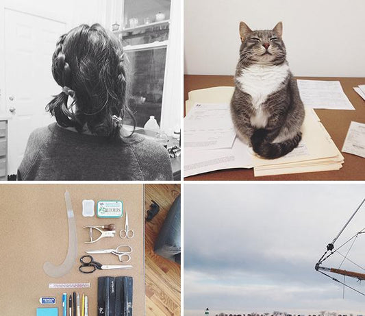Four-panel collage: braided hair, tabby cat on desk paperwork, sewing tools flat lay, and a sailboat on the water
