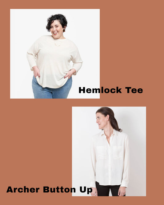 Cream Hemlock Tee with long sleeves and jeans beside cream Archer Button Up with long sleeves and black pants