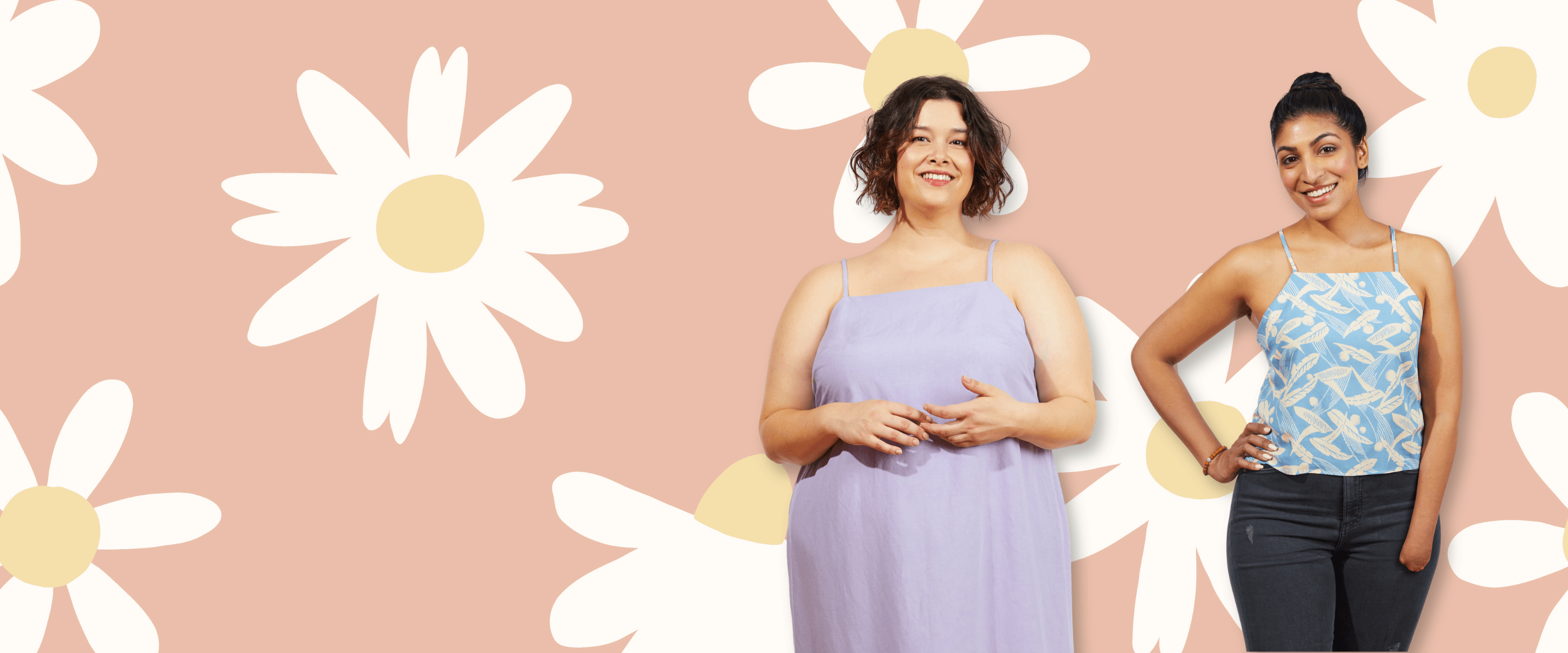 Two models wearing Myra on a pink daisy background. Lavender midi dress and blue leaf print top with dark jeans.