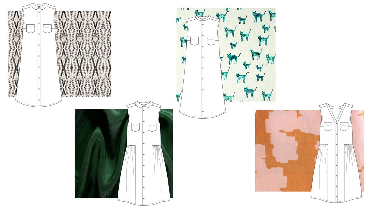Alder Shirtdress line drawings with fabric swatches: geometric print, cat print, emerald silk, and coral abstract pattern