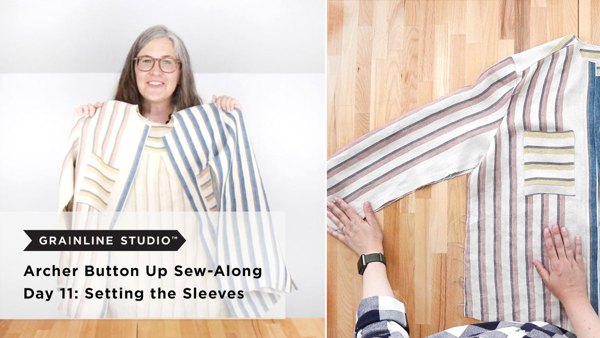 Woman holding up a striped Archer body with pockets beside hands smoothing a set-in striped sleeve on a wood table