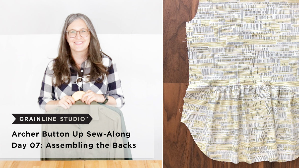 Woman holding an olive Archer shirt on a hanger beside a printed View B back with a gathered lower panel