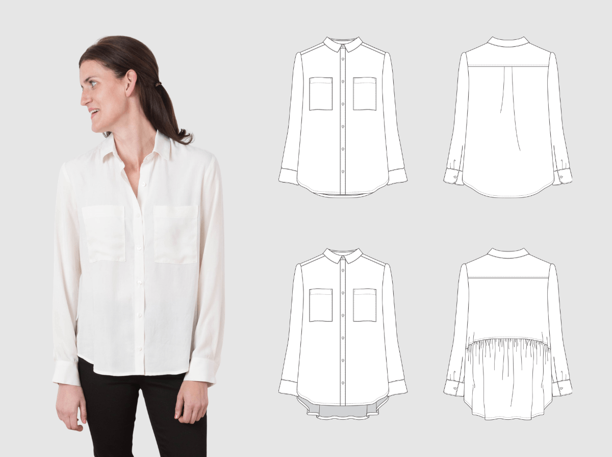 Woman in a white Archer Button-Up beside front and back flats of View A with a back pleat and View B with a gathered back.