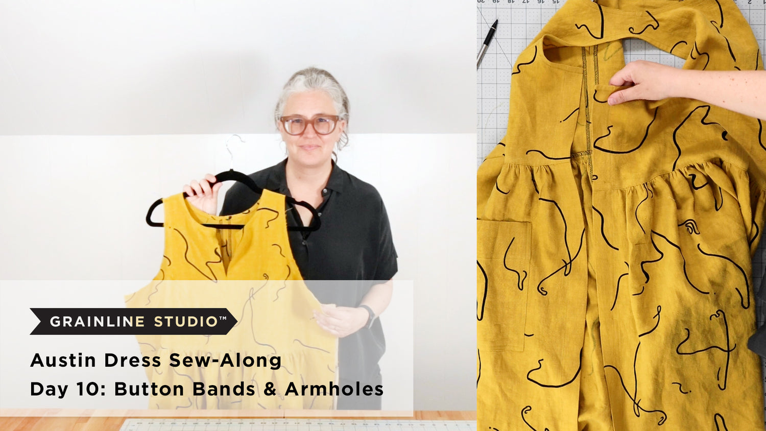 Jen holding a yellow linen Austin Dress on a hanger next to a close-up of the finished button band and gathered skirt
