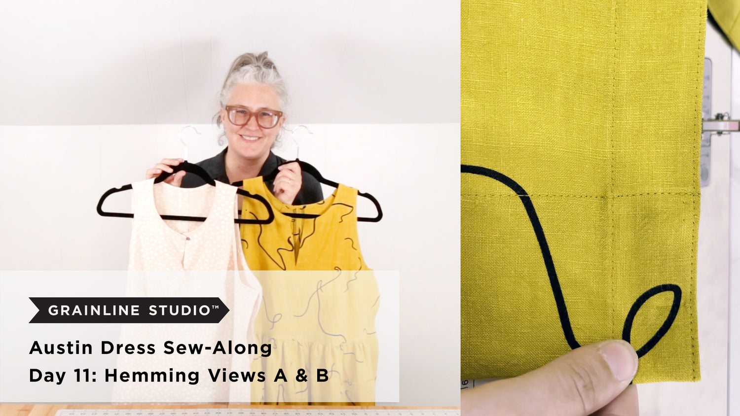 Jen holding a blush View A and yellow View B Austin Dress on hangers next to a close-up of a finished deep hem on yellow linen