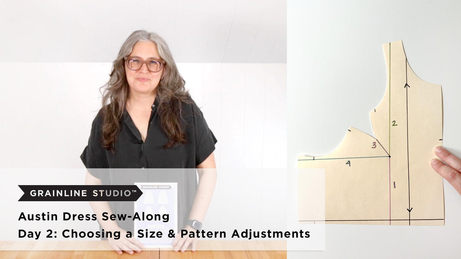  Jen next to a front bodice pattern piece with numbered slash lines marked for a full bust adjustment