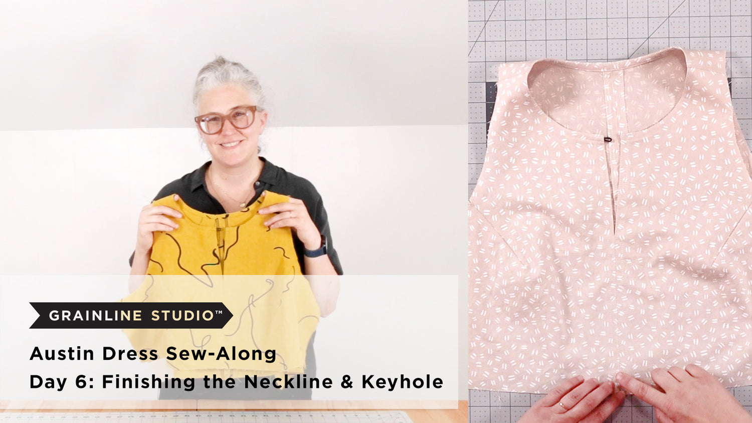 Jen holding an Austin Dress bodice next to a flat lay of a finished blush bodice with neckline binding and keyhole opening
