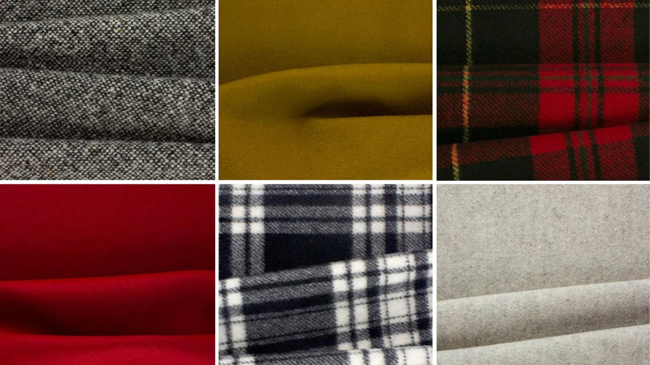 Six wool coating fabric swatches: gray tweed, mustard yellow, red plaid, solid red, navy plaid, and heathered gray