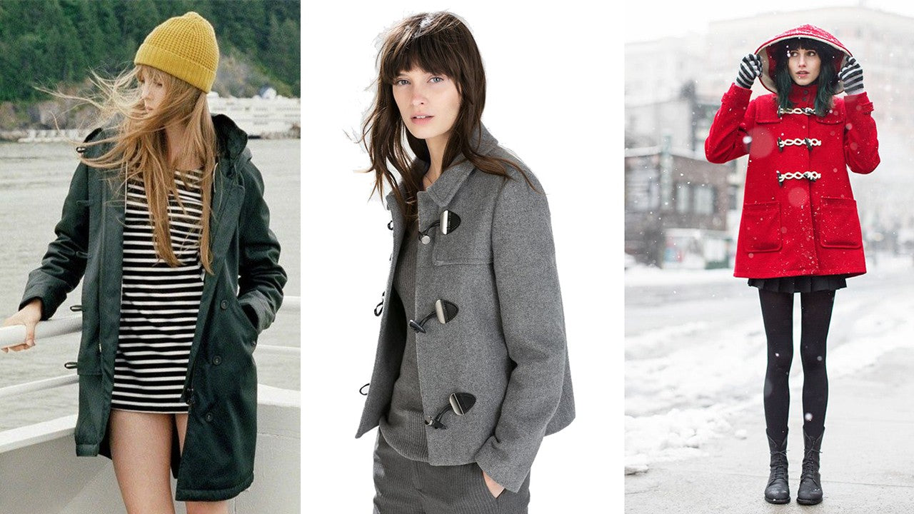 Three duffle coat styling examples: teal coat with Breton top and yellow beanie, gray toggle coat, red hooded coat in snow