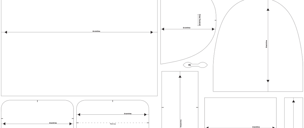 Sewing pattern pieces for duffle bag showing body panel, curved end pieces, straps, and pocket components